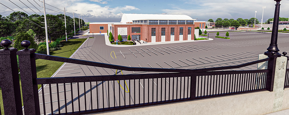 Rendering of Basketball Practice Facility viewed from the bridge